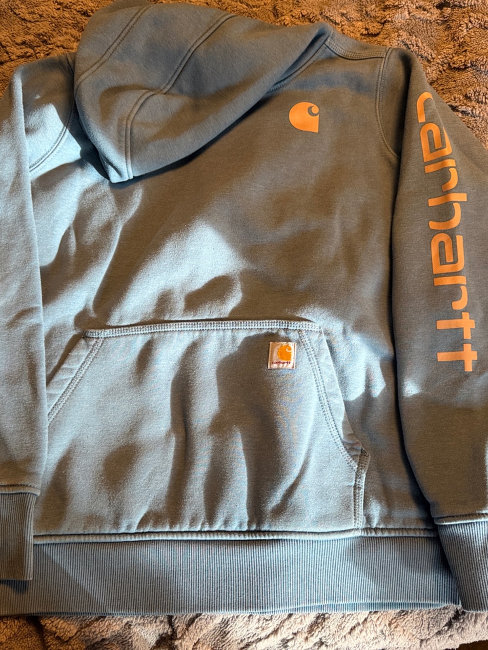 Carhartt Men's Slate Blue Hoodie with Orange Logo